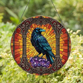Mystical Art Lovers' Tiffany Stained Glass Raven Iridescent Teal Wings Glowing Purple Crystals Gothic Frame Amber Orange Mosaic Stained Glass Suncatcher