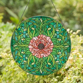 Art Lovers' Vibrant Tiffany Stained Glass Pink Coral Green Teal Floral Mosaic Stained Glass Suncatcher