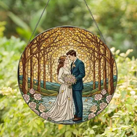 Couples' Golden Amber Stained Glass Wedding Embrace, Intricate Autumn Forest & Jewel Tones Stained Glass Suncatcher