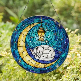 Cat Lovers' Tiffany Style Stained Glass White Cat Crescent Moon Starry Night Lantern Art Teal Gold Stained Glass Suncatcher