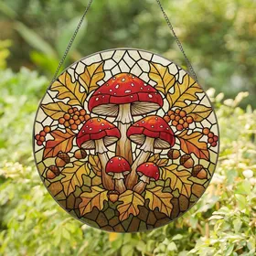 Nature Lovers' Glowing Tiffany Stained Glass Red Mushroom Gold Amber Autumn Forest Mosaic Stained Glass Suncatcher