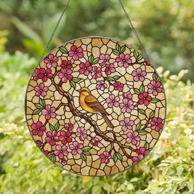 Nature Lovers' Intricate Stained Glass Songbird Cherry Blossom Pink Amber Green Jewel Tone Artwork Stained Glass Suncatcher
