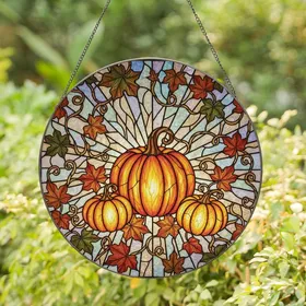 Autumn Lovers' Vibrant Stained Glass Pumpkin Fall Leaves Iridescent Sunburst Mosaic Stained Glass Suncatcher