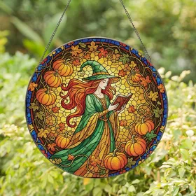 Witchy Art Lovers' Tiffany Style Stained Glass Witch Reading Book, Emerald Green, Amber Yellow, Red-Orange Autumnal Mosaic Stained Glass Suncatcher