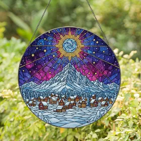 Winter Art Enthusiasts' Vibrant Stained Glass Winter Mountain Village Celestial Cosmic Art Stained Glass Suncatcher