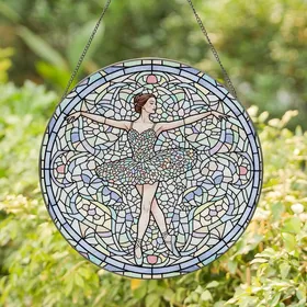 Dance Lovers' Stained Glass Ballerina Mosaic Pastel Jewel Tones Intricate Geometric Swirls Stained Glass Suncatcher