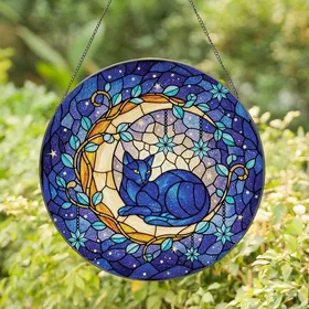 Cat Lovers' Cosmic Stained Glass Cat & Moon, Deep Blue Nebula, Tiffany Style Intricate Detail Stained Glass Suncatcher