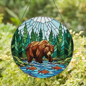 Nature Lovers' Tiffany Style Stained Glass Bear River Forest Jewel Tone Mosaic Stained Glass Suncatcher