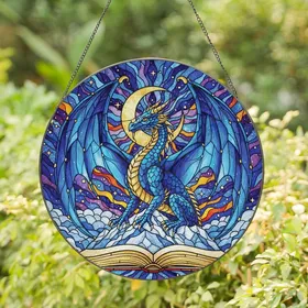 Fantasy Art Lovers' Tiffany Style Stained Glass Blue Dragon Cosmic Night Sky Mosaic Stained Glass Suncatcher