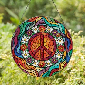 Art Lovers' Stained Glass Peace Sign Mosaic, Fiery Orange Red Floral, Jewel Tone Abstract Art Stained Glass Suncatcher