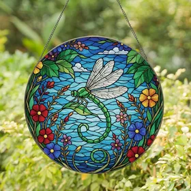Nature Lovers' Intricate Tiffany Stained Glass Emerald Green Dragonfly Floral Mosaic Stained Glass Suncatcher