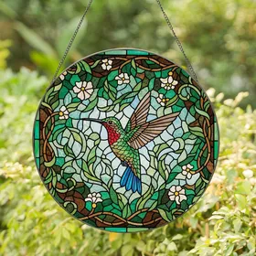 Nature Lovers' Vibrant Stained Glass Hummingbird Tiffany Style Jewel Tone Floral Mosaic Stained Glass Suncatcher