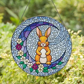 Art Lovers' Tiffany Style Amber Rabbit Crescent Moon Jewel Tone Stained Glass Celestial Floral Mosaic Stained Glass Suncatcher