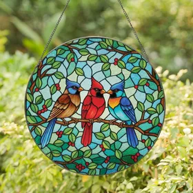 Bird Lovers' Vibrant Tiffany Stained Glass Red Cardinal Blue Jay Jewel Tone Mosaic Art Stained Glass Suncatcher