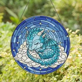 Dragon Lovers' Chibi Sleeping Dragon Stained Glass Art, Ethereal Blue Sky & Stars, Tiffany Style Jewel Tones Stained Glass Suncatcher