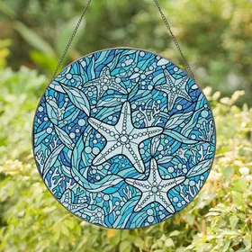 Ocean Enthusiasts' Intricate Tiffany Style Stained Glass Starfish, Swirling Ocean & Coral Mosaic in Aqua Blue Tones Stained Glass Suncatcher