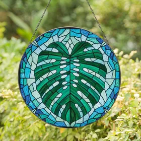 Nature Lovers' Tiffany Style Monstera Leaf Teal Green Aqua Blue Ripple Mosaic Pattern Stained Glass Suncatcher