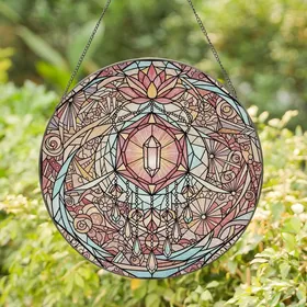 Art Lovers' Vibrant Rose Pink Amber Gold Tiffany Stained Glass Geometric Crystal Lotus Mosaic Stained Glass Suncatcher