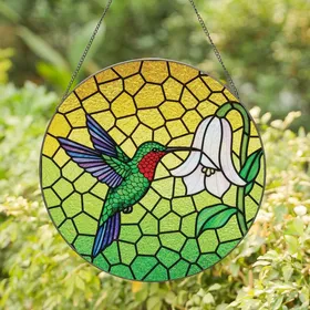 Nature Lovers' Vibrant Stained Glass Hummingbird Bell Flower Golden Yellow Lime Green Mosaic Stained Glass Suncatcher