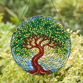 Art Enthusiasts' Tiffany Stained Glass Tree Mosaic Emerald Chartreuse Sky Blue Reddish-Brown Stained Glass Suncatcher