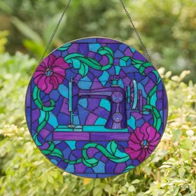 Crafters' Intricate Vintage Sewing Machine Tiffany Stained Glass Jewel-Tone Floral Mosaic Stained Glass Suncatcher