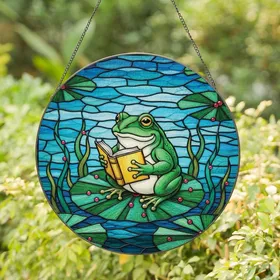 Frog Enthusiasts' Tiffany Style Stained Glass Frog Reading Emerald Pond Mosaic Stained Glass Suncatcher
