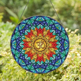Spiritual Seekers' Intricate Golden Om Mandala Stained Glass Lotus Petals Jewel-Toned Art Stained Glass Suncatcher