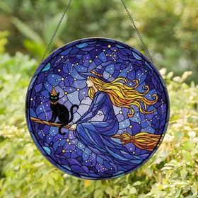 Fantasy Enthusiasts' Intricate Tiffany Stained Glass Witch Broom Black Cat Starry Night Art Stained Glass Suncatcher