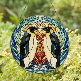 Penguin Lover's Nuzzling Emperor Penguins Stained Glass Heart Tiffany Style Iridescent Arctic Teal Mosaic Stained Glass Suncatcher