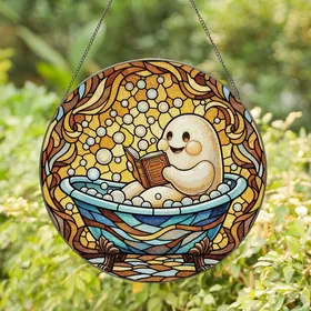 Cozy Aesthetic Fans' Whimsical Leaded Art Glass Ghost Bathtub Jewel Tone Pearlescent Amber Bronze Mosaic Stained Glass Suncatcher