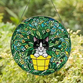Cat Lovers' Intricate Stained Glass Tuxedo Cat Peeking Yellow Pot, Emerald Aqua Floral Mosaic Stained Glass Suncatcher