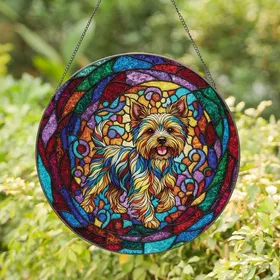 Yorkshire Terrier Owners' Vibrant Tiffany Stained Glass Yorkie Jewel Tone Mosaic Art Stained Glass Suncatcher