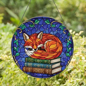 Fox & Book Lovers' Jewel Tone Stained Glass Sleeping Fox Antique Books Night Sky Mosaic Stained Glass Suncatcher