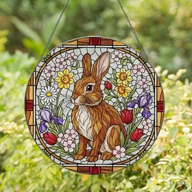 Nature Lovers' Intricate Tiffany Stained Glass Rabbit & Spring Floral Geometric Mosaic Design Stained Glass Suncatcher