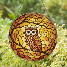 Owl Lovers' Stained Glass Autumn Forest Mosaic Amber Orange Creamy White Design Stained Glass Suncatcher