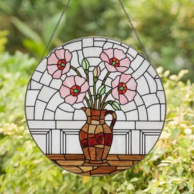 Art Lovers' Intricate Tiffany Stained Glass Pink Green Red Floral Vase Mosaic Design Stained Glass Suncatcher