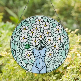 Art Enthusiast Glowing Tiffany Stained Glass Floral Torso Vase Pale Aqua Opal White Emerald Mosaic Stained Glass Suncatcher