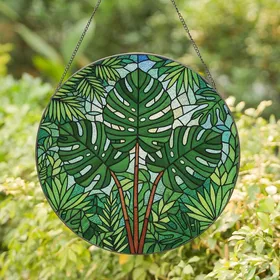 Plant Lovers' Tiffany Style Jewel-Toned Monstera Leaf Tropical Stained Glass Mosaic Stained Glass Suncatcher