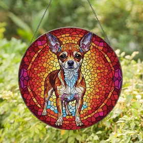 Chihuahua Lovers' Vibrant Jewel Tone Tiffany Stained Glass Chihuahua Mosaic Geometric Patterns Stained Glass Suncatcher