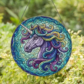 Fantasy Art Lovers' Tiffany Style Stained Glass Majestic Unicorn Head Jewel Tone Mosaic Art Stained Glass Suncatcher