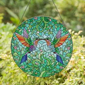 Nature Lovers' Intricate Tiffany Style Hummingbird Floral Mosaic Emerald Green Royal Blue Lavender Stained Glass Suncatcher