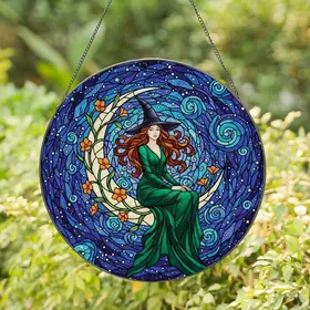 Mystical Art Fans' Tiffany Stained Glass Witch Moon Emerald Green Auburn Cosmic Pattern Stained Glass Suncatcher