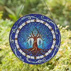 Art Enthusiasts' Highly Detailed Tiffany Style Stained Glass Tree of Life, Celestial Mosaic, Radiant Sapphire Blue Stained Glass Suncatcher