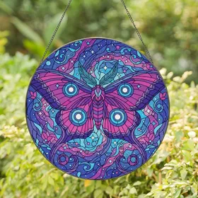 Cosmic Art Lovers' Tiffany Stained Glass Moth Ocelli Fuchsia Violet Blue Floral Mosaic Design Stained Glass Suncatcher