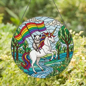 Fantasy Animal Lovers' Stained Glass Tiffany Style Opossum Unicorn Rainbow Banner Landscape Mosaic Stained Glass Suncatcher