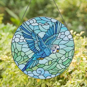 Bird Lovers' Intricate Glowing Blue Teal Stained Glass Budgerigar Flight Mosaic Stained Glass Suncatcher
