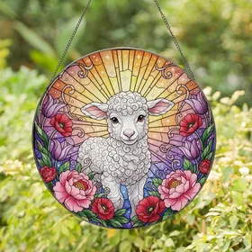 Whimsical Art Lovers' Tiffany Style Stained Glass Lamb Floral Mosaic Radiant Jewel Tone Sky Stained Glass Suncatcher