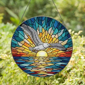 Nature Admirers' Stained Glass Seagull Sunset Ocean Mosaic Art, Tiffany Style Jewel Tones Teal Blue Orange Stained Glass Suncatcher