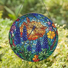 Art Enthusiasts' Tiffany Style Stained Glass Dragonfly Lupine Garden Jewel Tone Mosaic Stained Glass Suncatcher