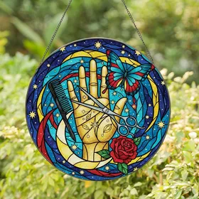 Hair & Beauty Pros' Teal, Ruby & Golden Stained Glass Hand, Tools & Celestial Mosaic Art Stained Glass Suncatcher